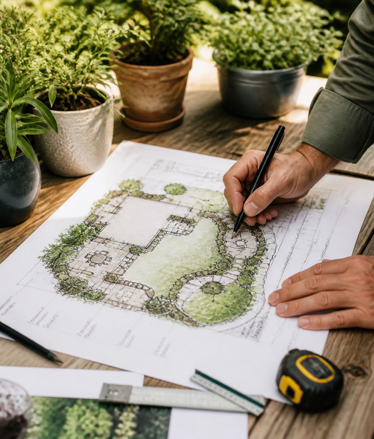 A landscape plan drawing on a work table beside potted plants