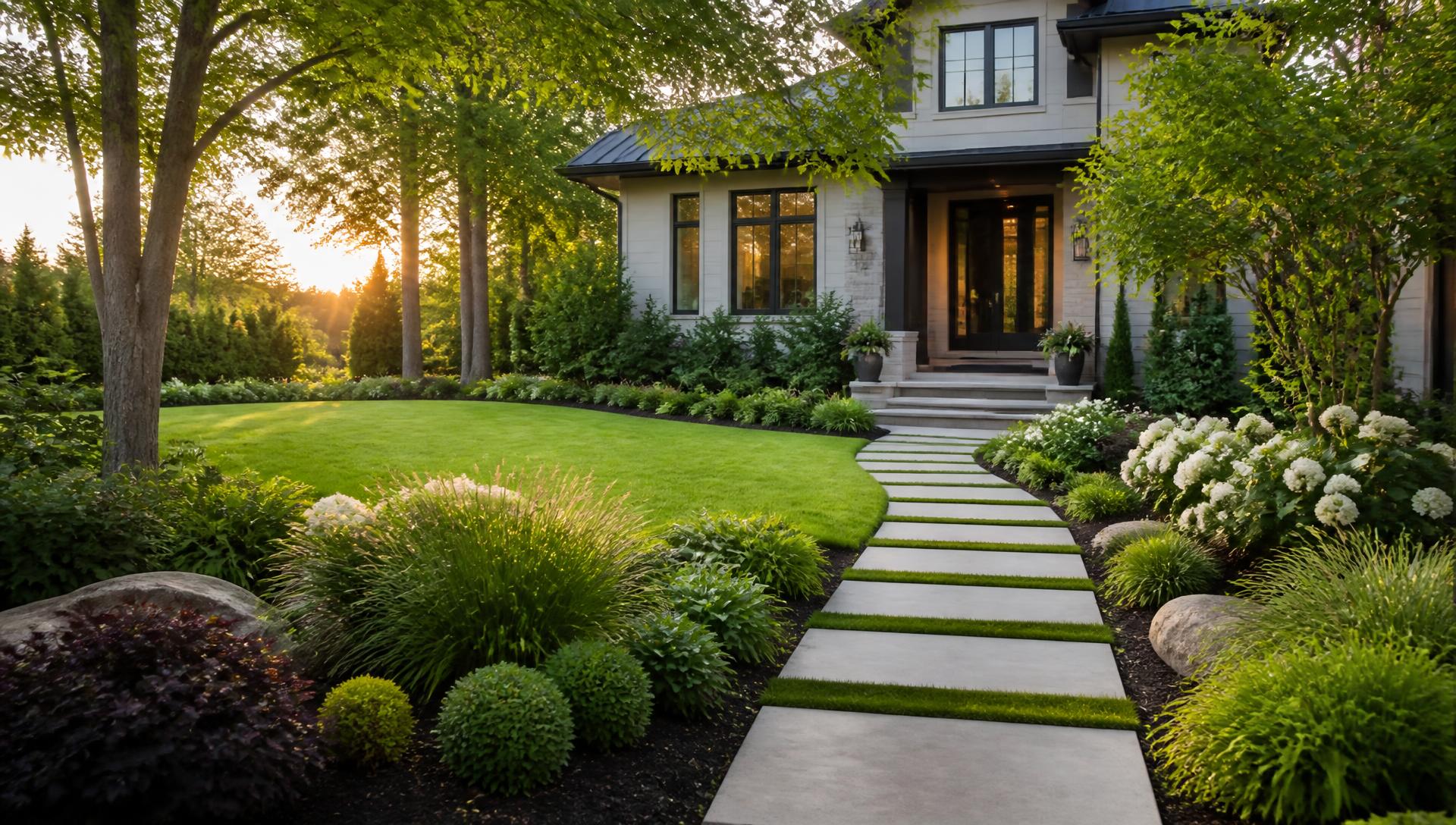 Landscaped front yard with a manicured lawn, layered planting beds and a stone walkway